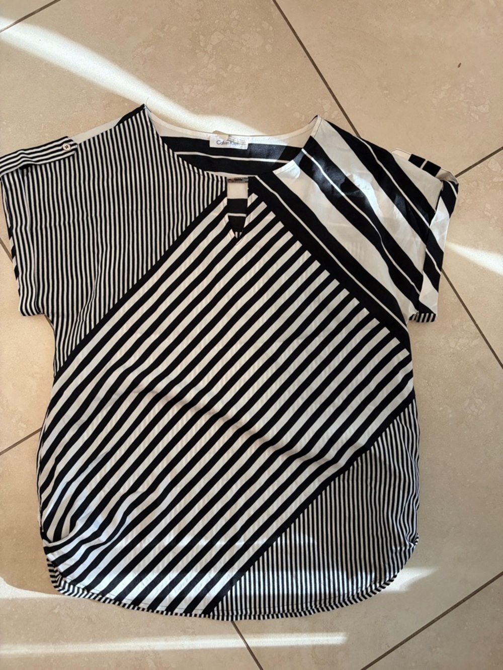 Calvin Klein Black & White Mixed Stripe Short Sleeve Blouse